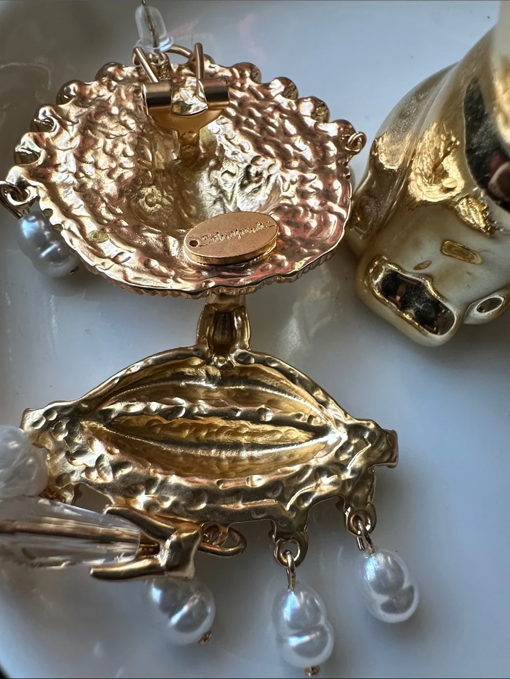 Gold-Tone Lip & Nose Statement Drop Earrings with Pearls